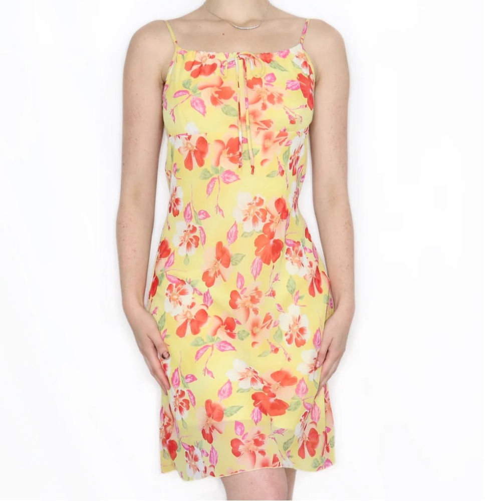 Y2K Floral Milkmaid Yellow Sheer Lined Midi Dress Butter Yellow
